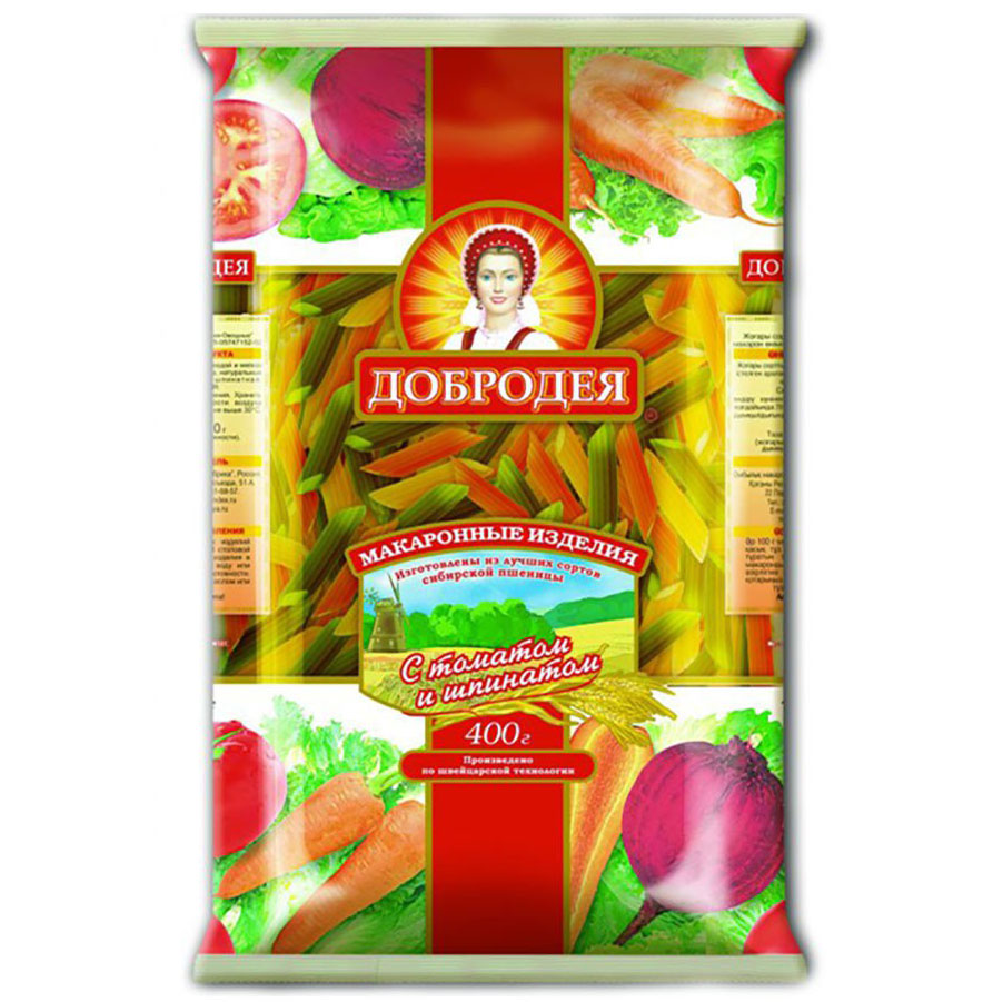 Перья рифлёные с томатом и шпинатом "Добродея" 0,4кг*20